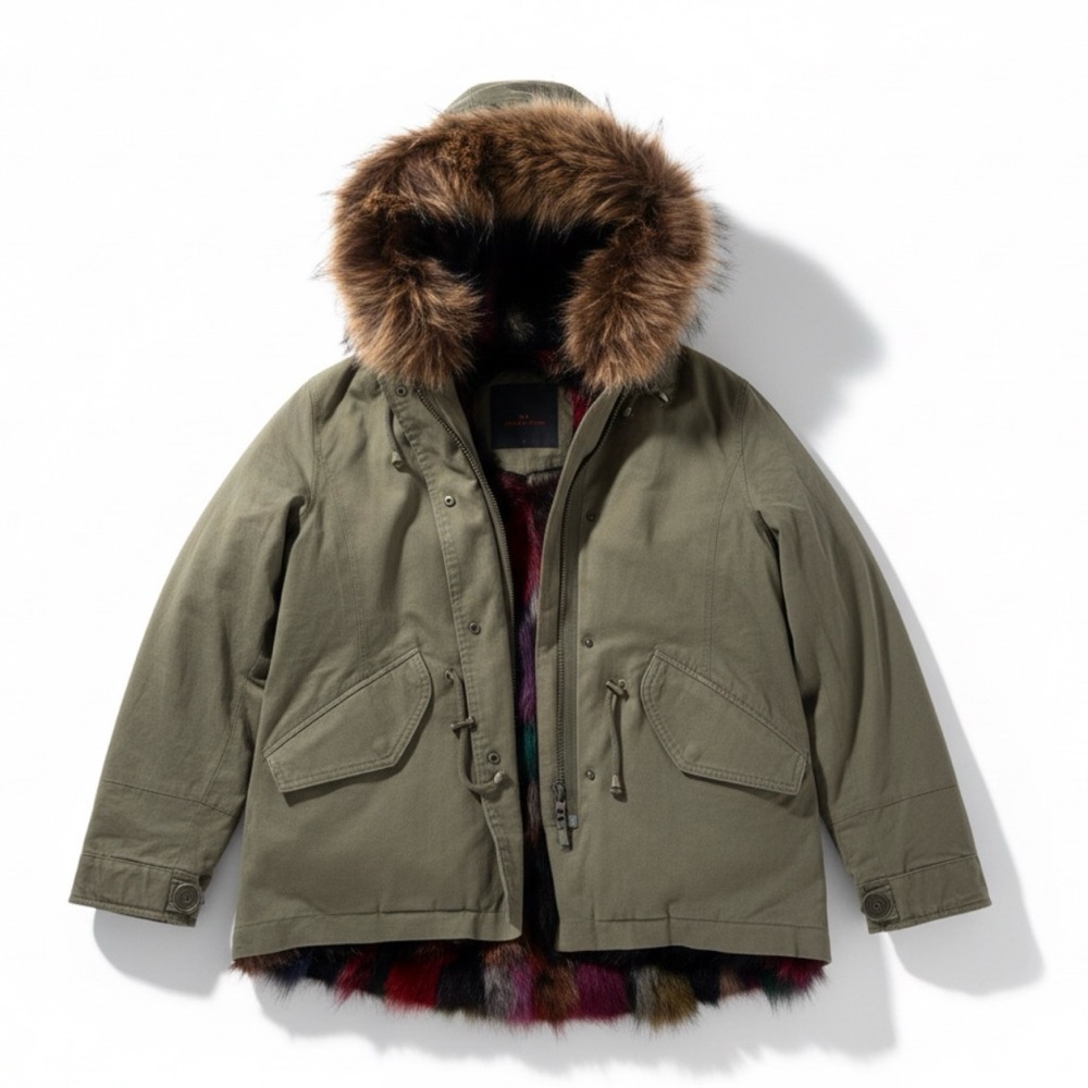 Barneys New York Olive Green Hooded Jacket with Fox Fur